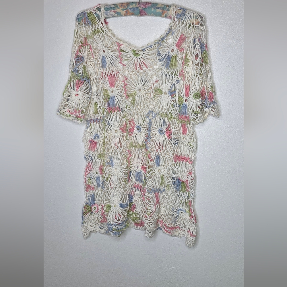 ​ Handmade Floral Crochet Lace Top Cream Knit Cottagecore Whimsygoth Festival LG